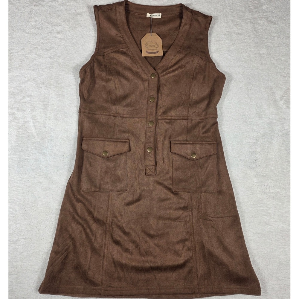 Kori Faux Suede Dress Women Medium Brown NWT Snap Front Utility C7100 Boho Shift